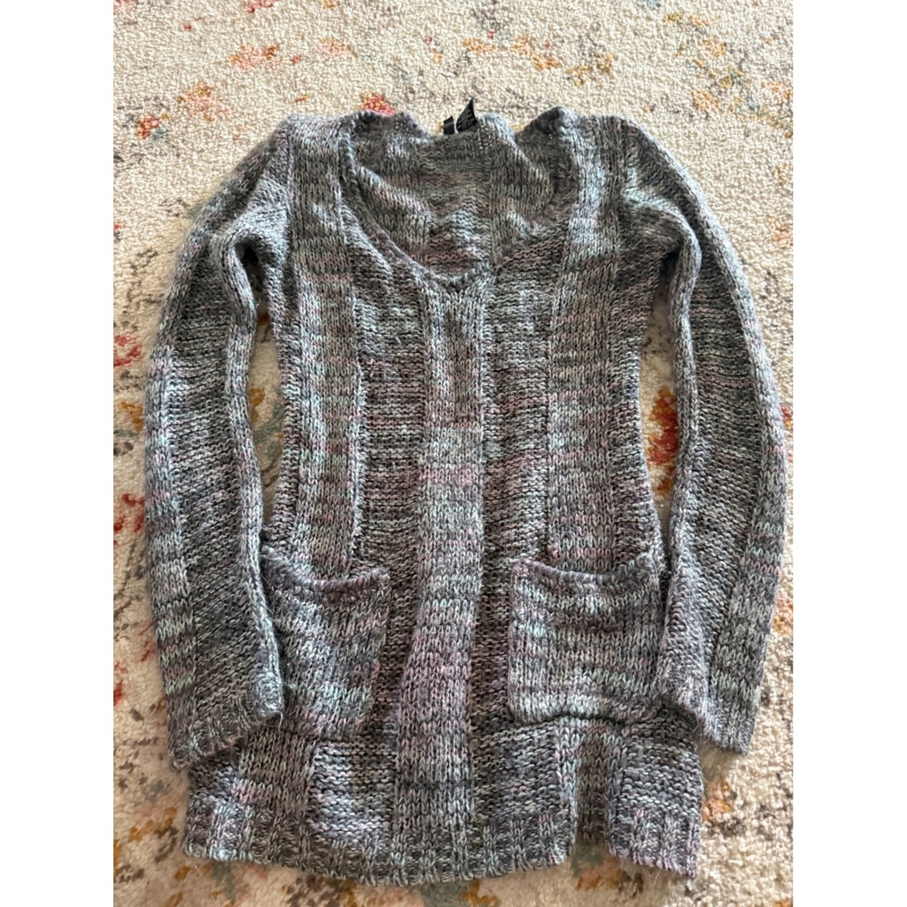 Ultra Flirt Y2k Space Dye V-Neck Tunic Sweater Grey Purple Pockets Small 6N72
